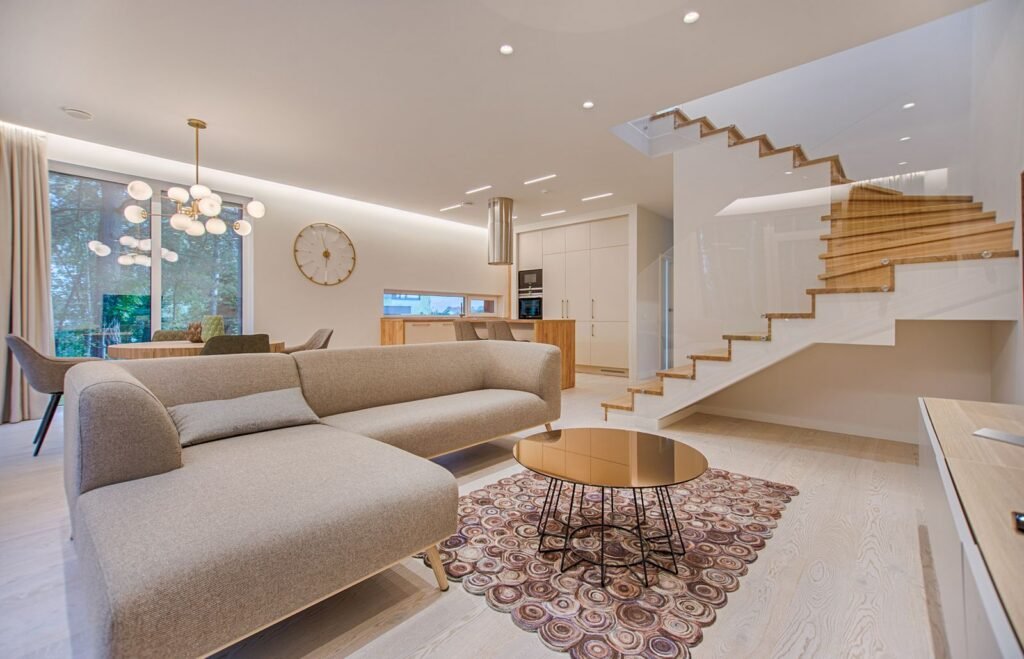 Illustrative photo: a bright living room with carefully finished walls
